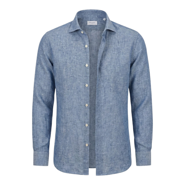 Camisa Manga Larga Custom Fit 100% Lino Azul Washed