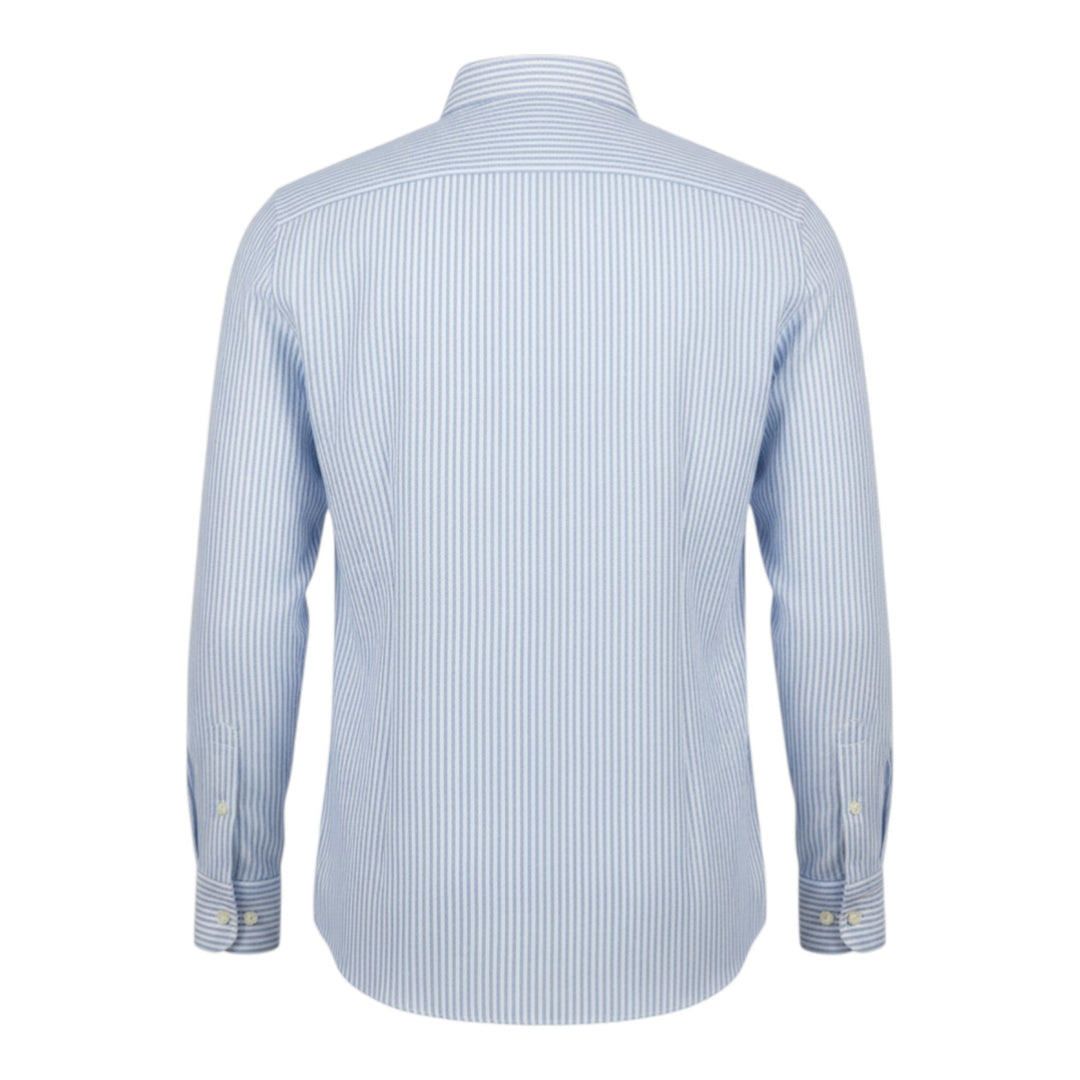 Camisa Manga Larga Custom Fit 100% Lino de Rayas Celeste-Blanco Washed