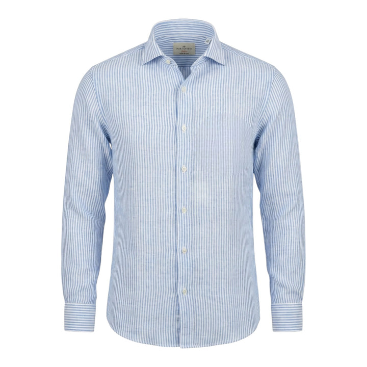 Camisa Manga Larga Custom Fit 100% Lino de Rayas Celeste-Blanco Washed