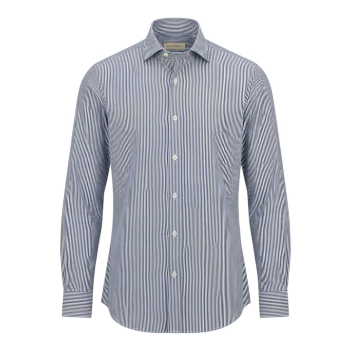 Camisa Manga Larga Custom Fit Algodón de Rayas Azul-Blanco