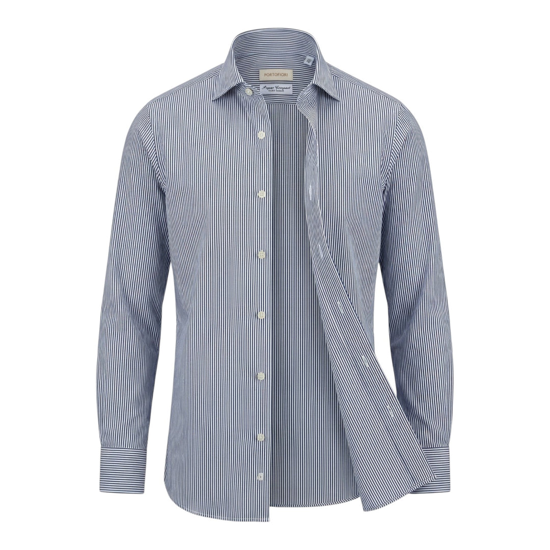 Camisa Manga Larga Custom Fit Algodón de Rayas Azul-Blanco