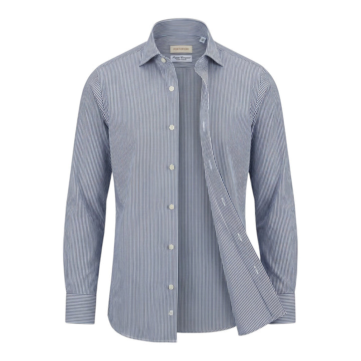 Camisa Manga Larga Custom Fit Algodón de Rayas Azul-Blanco