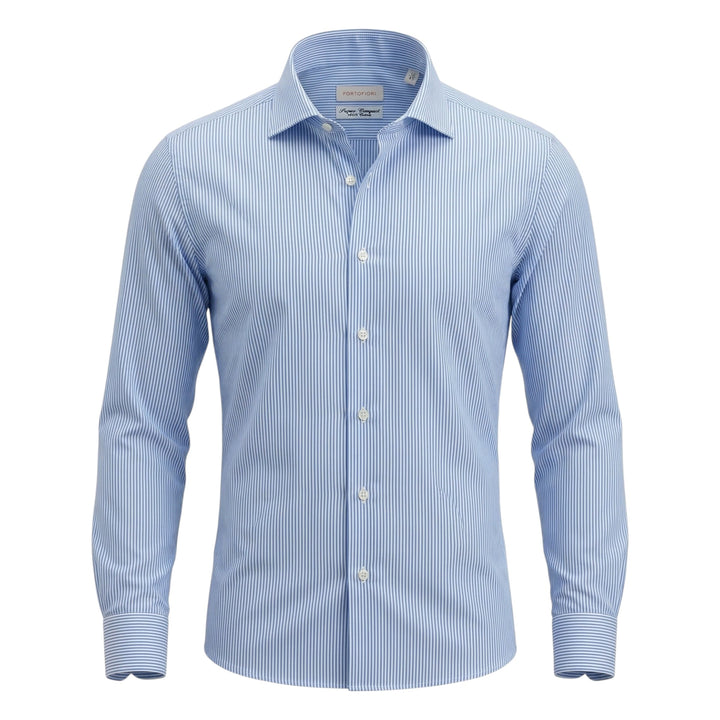 Camisa Manga Larga Custom Fit Algodón de Rayas Celeste-Blanco