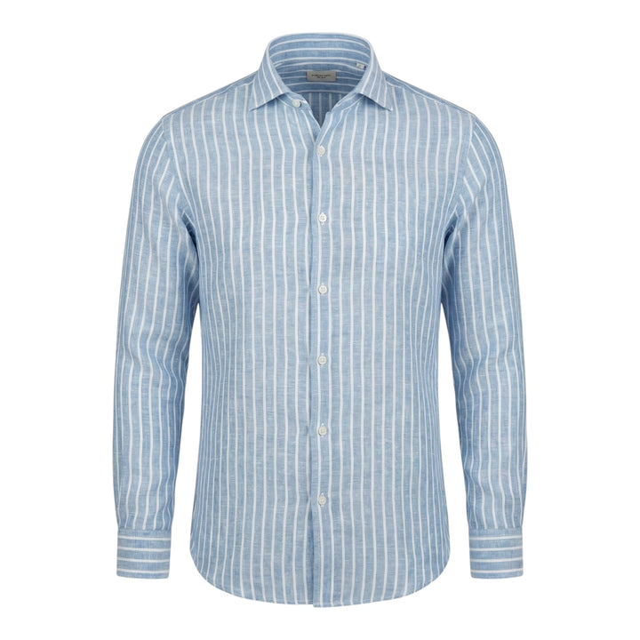 Camisa Manga Larga Custom Fit 100% Lino de Rayas Azul-Blanco Washed