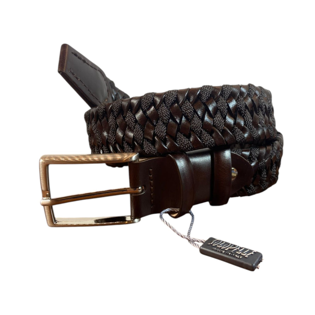 CINTURA ENTRELAZADA DE CUERO AUTÉNTICO Y LONA MARRÓN
