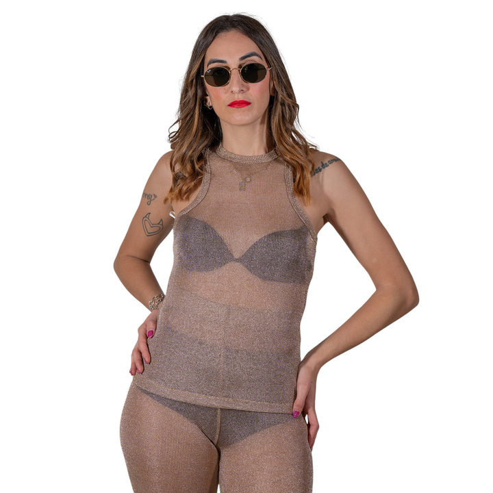 CAMISETA SIN MANGAS DE MALLA METÁLICA ROSA DORADO