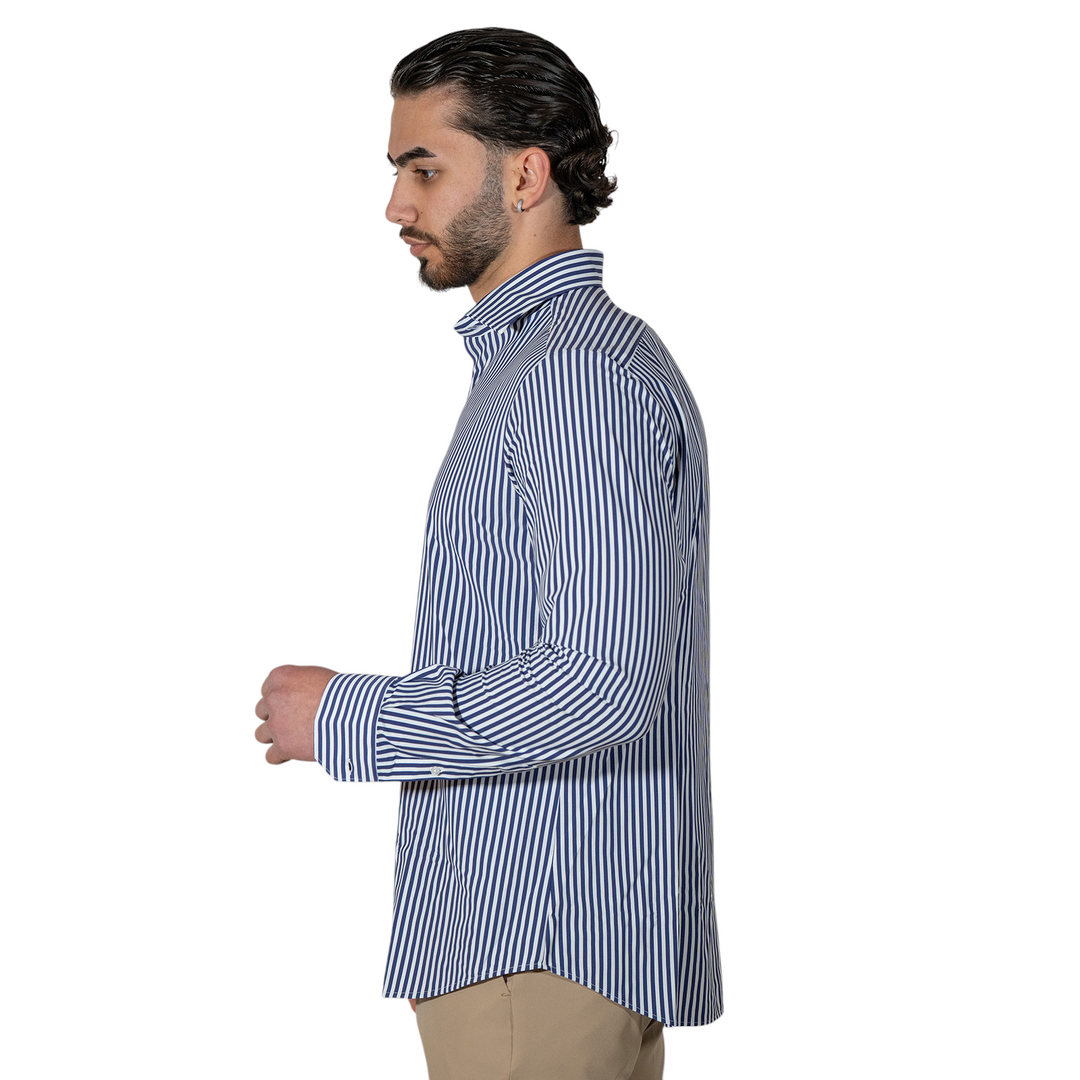 Camisa M/L Cuello francés a rayas azul SIN PLANCHAR