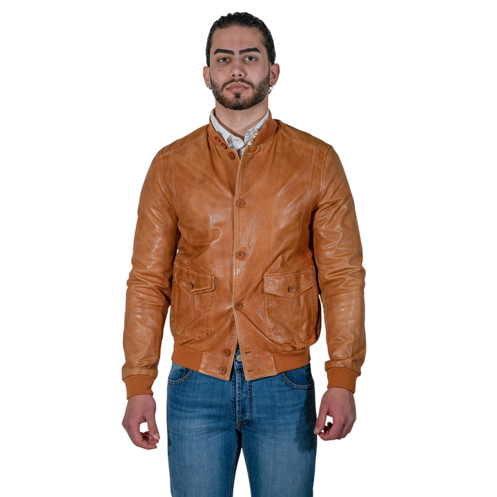 CHAQUETA CON BOTONES DE PIEL COÑAC