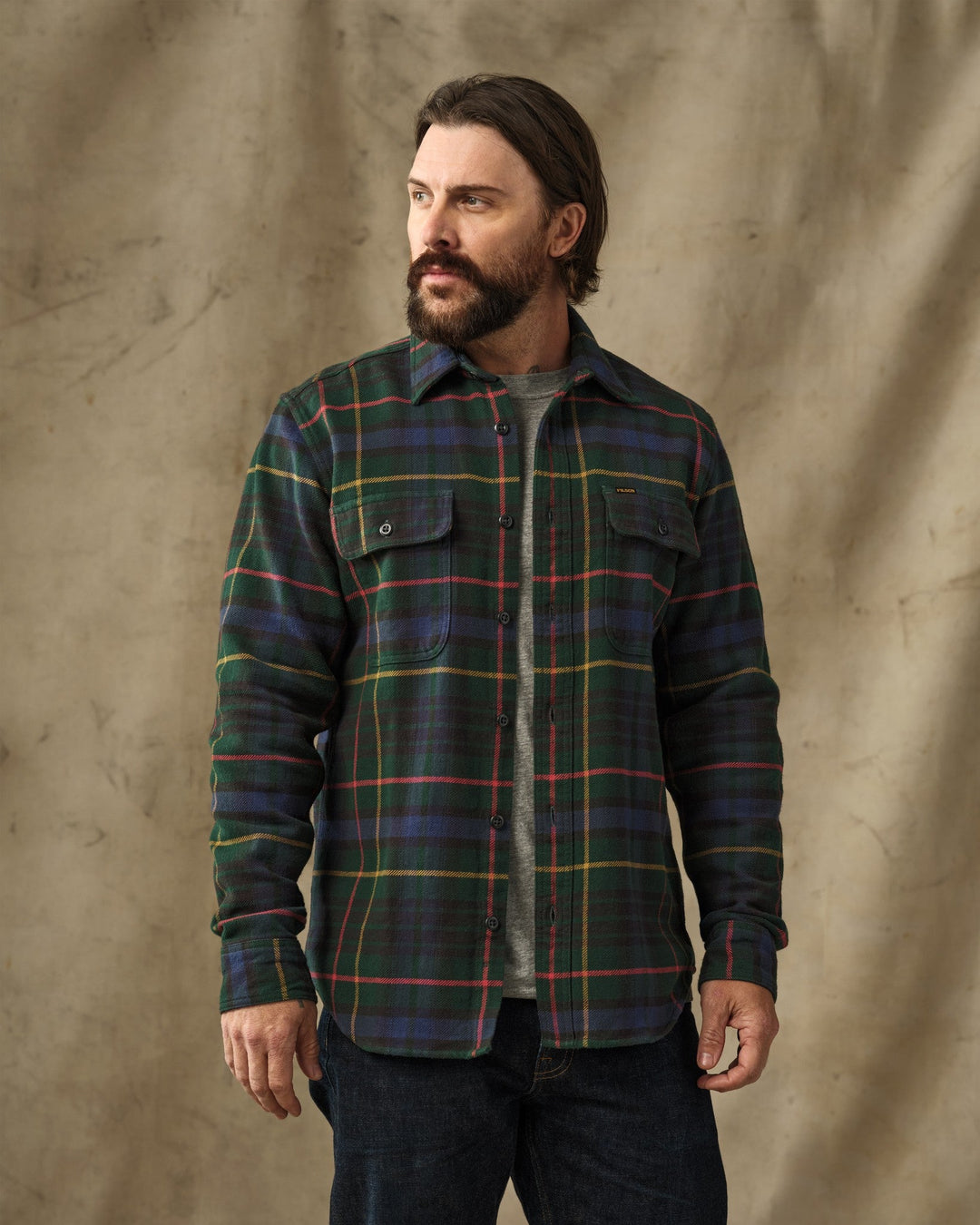 Filson Vintage Flannel Work Shirt Green/Navy Plaid Verde - foto 6