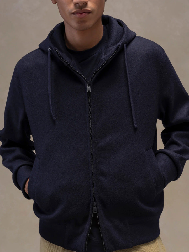 SUDADERA CON CAPUCHA Y CREMALLERA COMPLETA DE LANA AZUL OSCURO